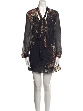 INTERMIX Black Sheer Long-Sleeve Mini Dress with Brown and Cream Floral Speckle